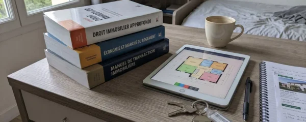 Un professionnel de l'immobilier consulte des documents de formation continue dans un espace de travail moderne