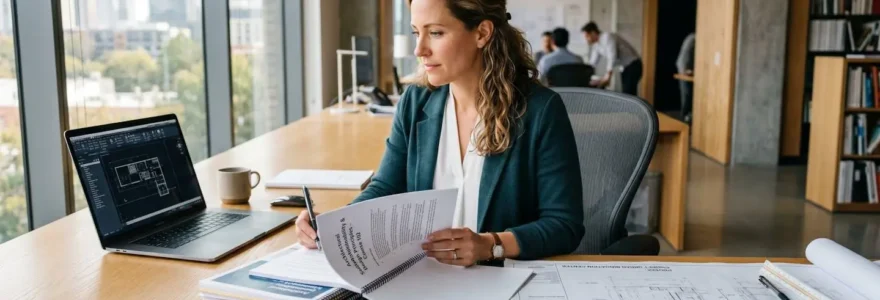Un professionnel de l'immobilier consulte des documents de formation continue dans un espace de travail moderne