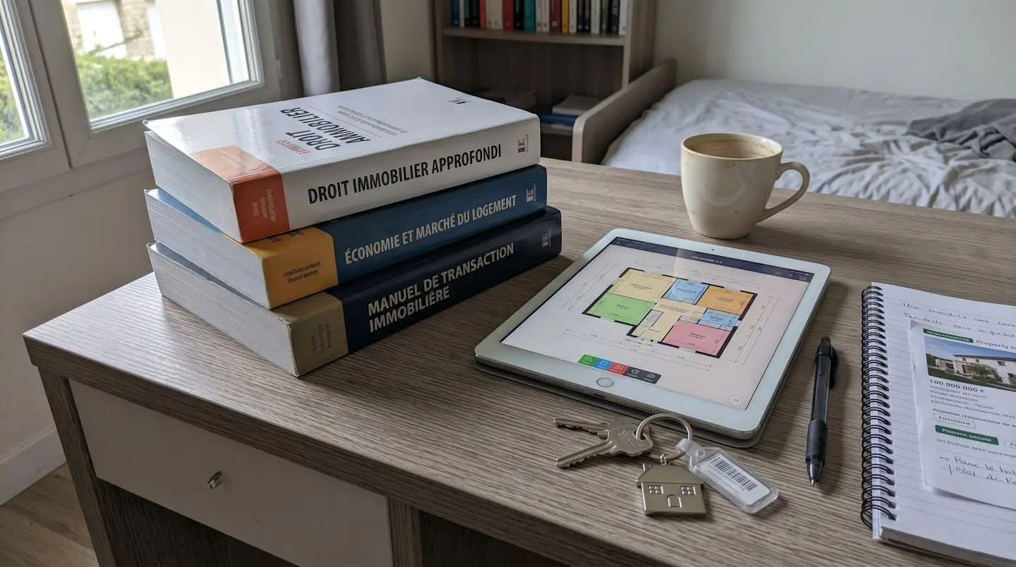 Un professionnel de l'immobilier consulte des documents de formation continue dans un espace de travail moderne