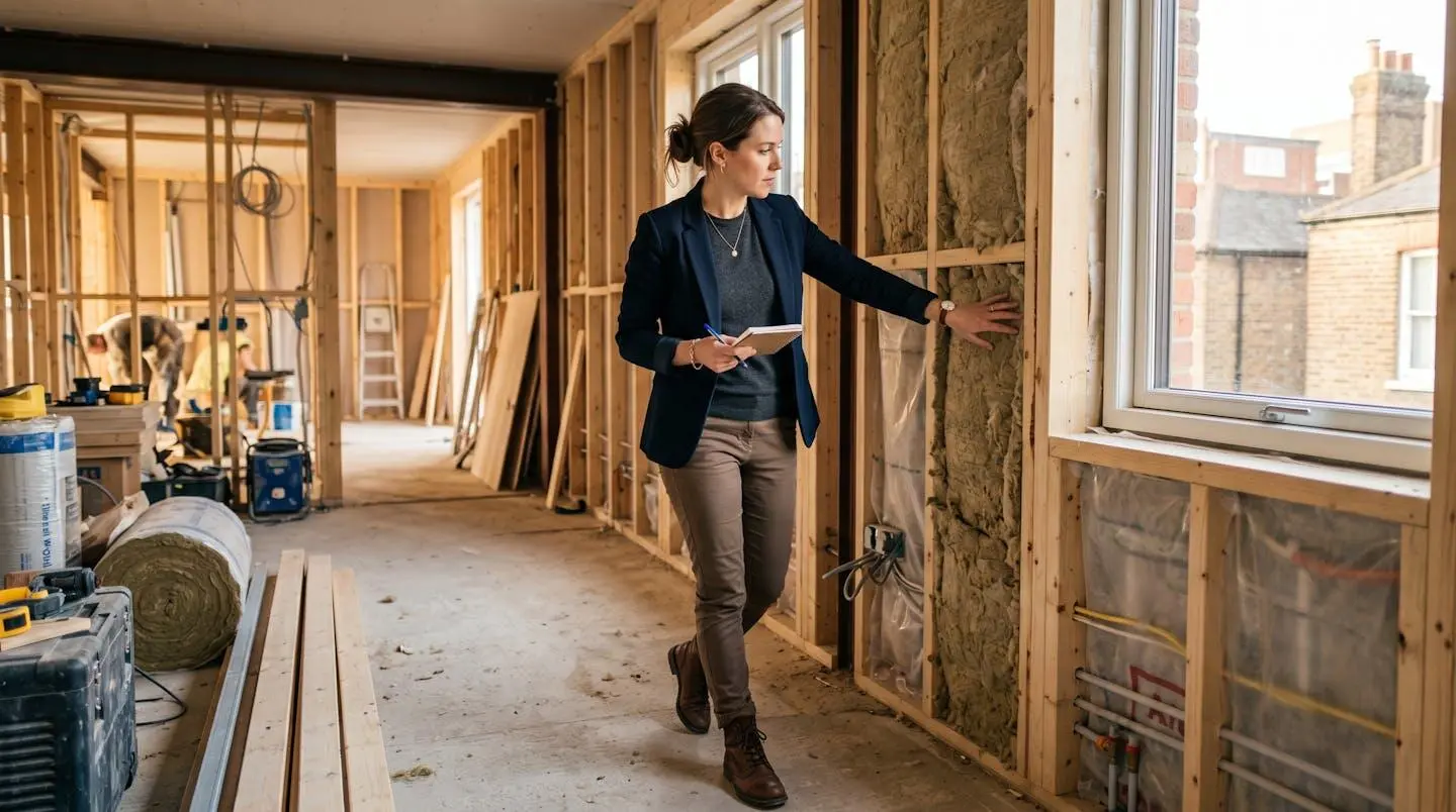 Un conseiller immobilier effectuant une visite d'évaluation énergétique dans un immeuble en cours de rénovation